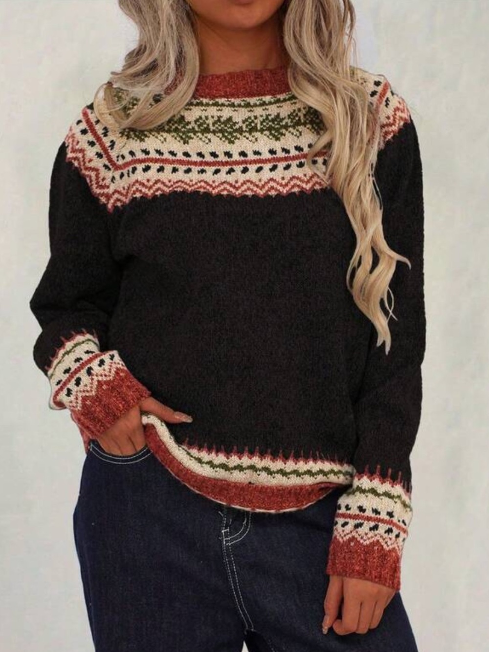 Cozy Black Fair Isle Knit Sweater